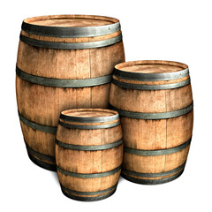 three large wooden barrels on a white background