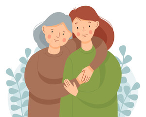 Mothers Day. An adult daughter and an old mother embrace each other. 