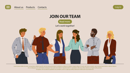 Group of diverse business people and company office staff. Join our team vector landing page and website template. Multinational business community, teamwork, man and woman employee.