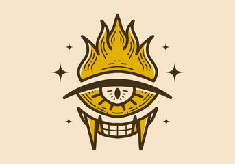 Vintage art illustration of a one eye with flames and canines