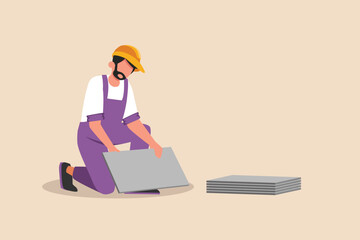 Construction worker installs ceramic tile. Construction and building concept. Flat vector illustrations isolated. 