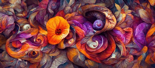 Fototapeta na wymiar Abstract flower fantasy of petal swirls, vibrant bright autumn colors of burnt orange, red, touch of emerald green and sunflower yellow. Gorgeous decoration & blooming beautiful design background.