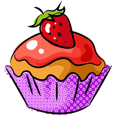 Vector biscuit cupcake with strawberry and icing icon