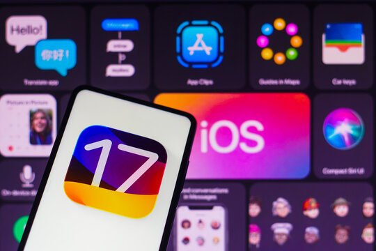 September 29, 2022, Brazil. In this photo illustration, the logo of Apple operating system, iOS 17, seen displayed on a smartphone screen.