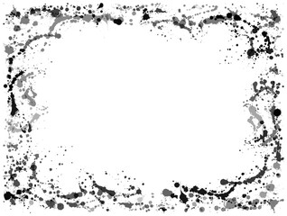 Fototapeta premium Black paint stains frame vector. Ink splashes border. Black scale frame of paint stains on white background. Empty text space. Azure ink splatter creative border for text, card background