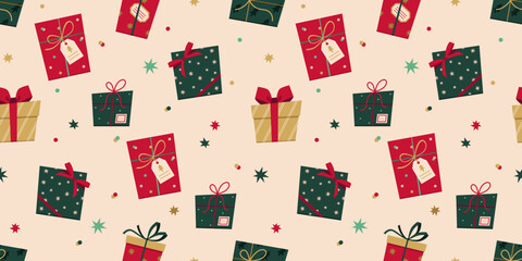 Vector seamless pattern with Christmas decoration in flat style. New Year stylish background of Christmas gift boxes, presents, socks, toys, candy cane, snowflake, fur tree branch, stars and confetti.