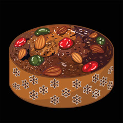 Fruitcake decorated with almonds, berries, dried fruits. National fruitcake day. Hand drawn flat vector illustration isolated on white background