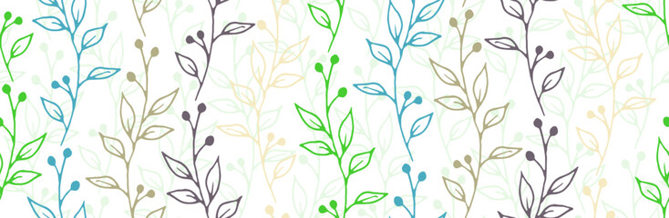 Berry bush twigs hand drawn vector seamless pattern. Cozy herbal fabric print. Greenery plants foliage and stems illustration. Berry bush sprouts linear repeating pattern