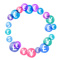 Euro dollar pound yen circle icons flying money vector background. Payment pattern. Currency