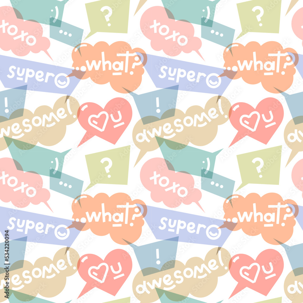 Poster vector seamless pattern with pastel color transparent speech bubbles with words and symbols. repeata