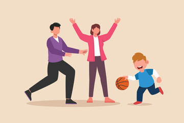 Fototapeta na wymiar Happy Little boy playing basketball with his family. Family time concept. Colored flat graphic vector illustration isolated.