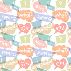 Vector seamless pattern with pastel color transparent speech bubbles with words and symbols. Repeatable backdrop with call out shapes. Communication concept for social media, stickers, posters.