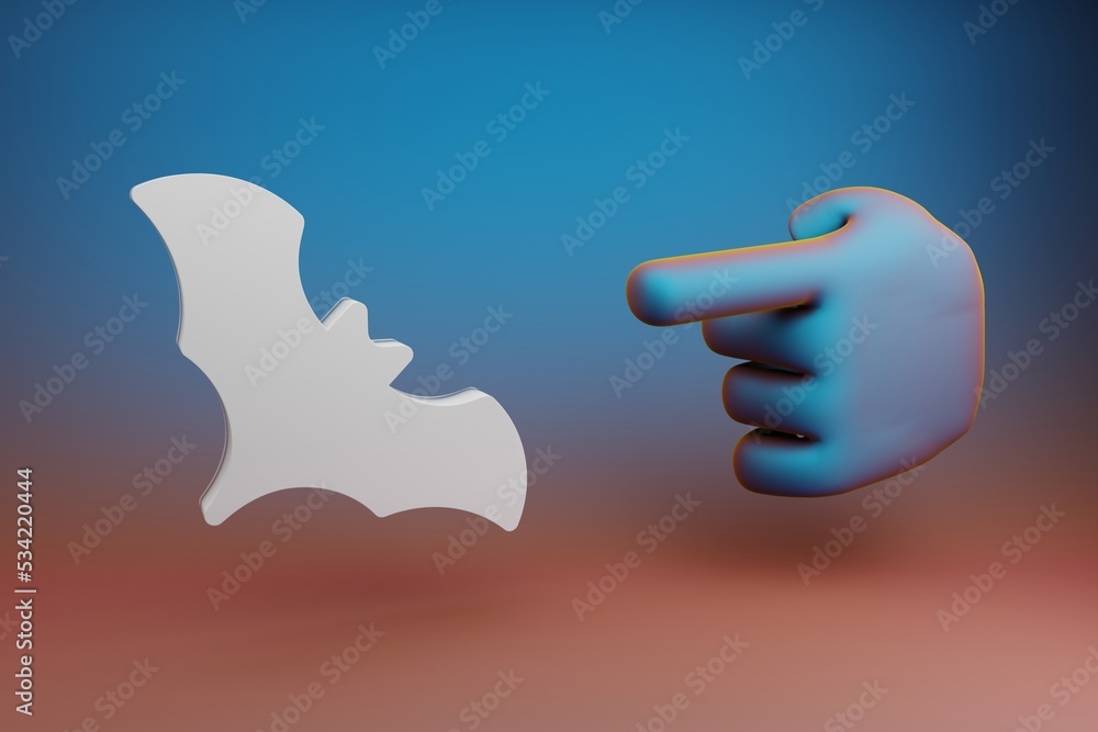 Aufkleber Beautiful illustrations abstract Hand index finger points to Halloween bat symbol icon on a multicolor bright background. 3d rendering illustration. Background pattern for design. .