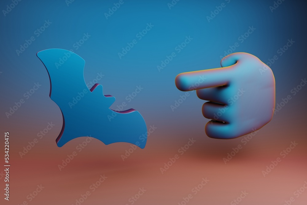 Poster Beautiful illustrations abstract Hand index finger points to blue Halloween bat symbol icon on a multicolor bright background. 3d rendering illustration. Background pattern for design. .