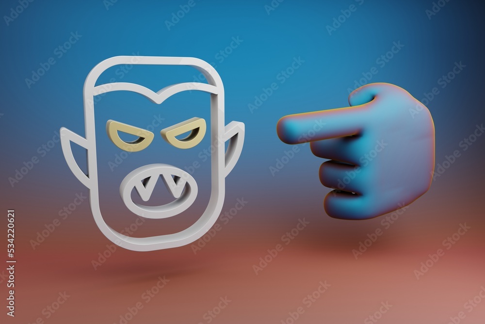 Poster Beautiful illustrations abstract Hand index finger points to Halloween vampire symbol icon on a multicolor bright background. 3d rendering illustration. Background pattern for design. .