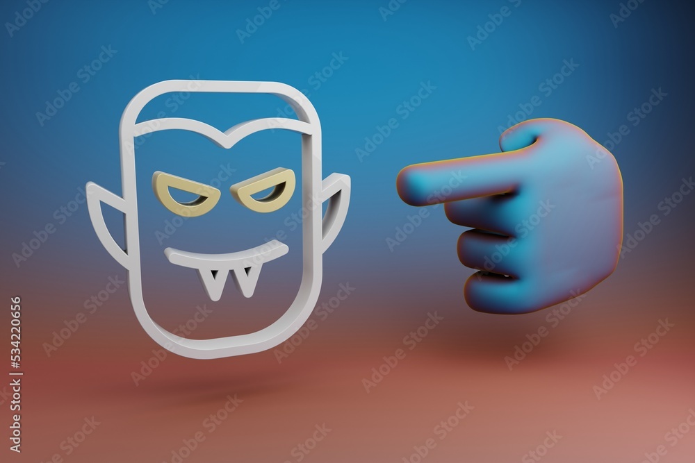 Aufkleber Beautiful illustrations abstract Hand index finger points to Halloween vampire symbol icon on a multicolor bright background. 3d rendering illustration. Background pattern for design. .