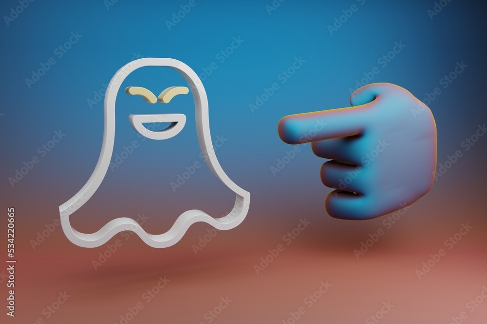 Fototapete Beautiful illustrations abstract Hand index finger points to ghost symbol icon on a multicolor bright background. 3d rendering illustration. Background pattern for design. .