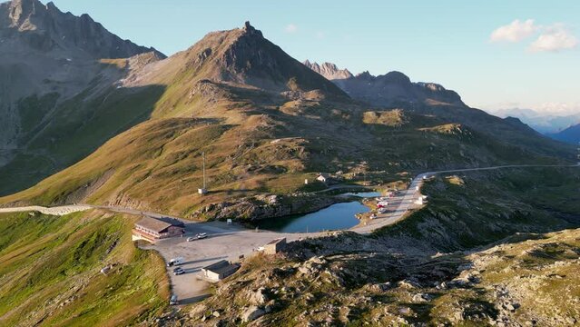 Aerial Drone View Of Nufenenpass Restaurant On The Top Of Mountain Pass In Switzerland.