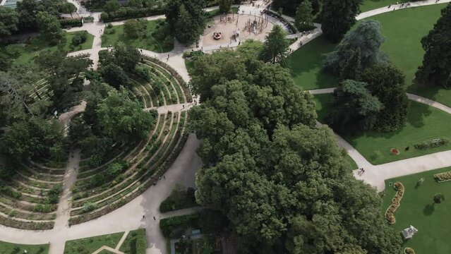 Geometric shapes of Thabor gardens, Rennes in France. Aerial top down sideways