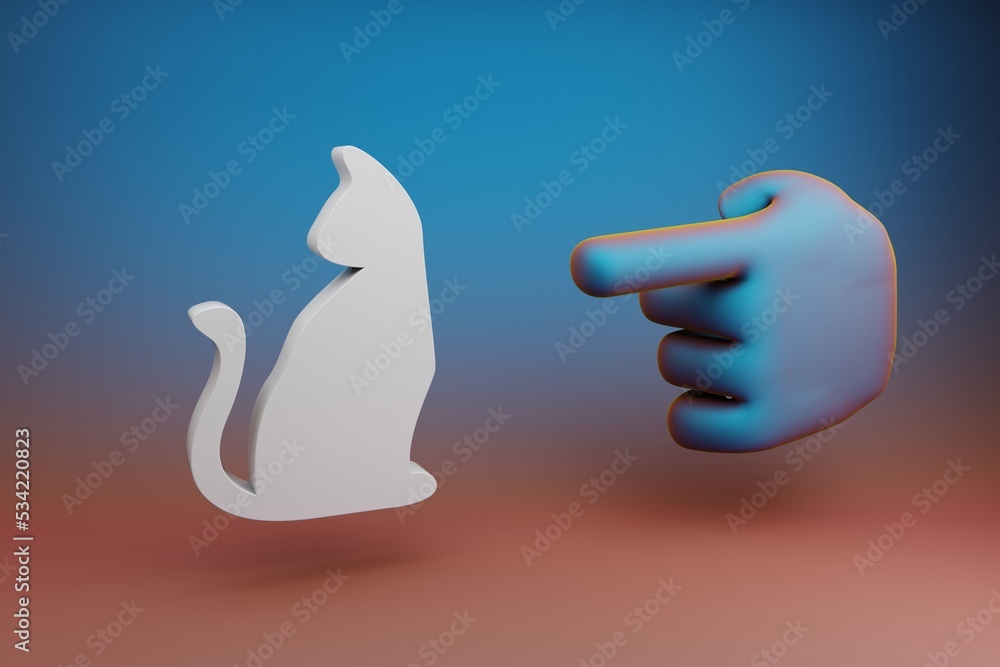 Aufkleber Beautiful illustrations abstract Hand index finger points to Halloween Cat symbol icon on a multicolor bright background. 3d rendering illustration. Background pattern for design. .