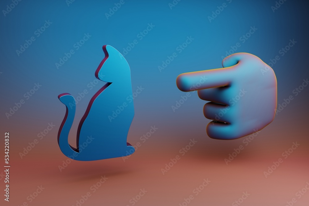 Aufkleber Beautiful illustrations abstract Hand index finger points to Halloween Cat symbol icon on a multicolor bright background. 3d rendering illustration. Background pattern for design. .