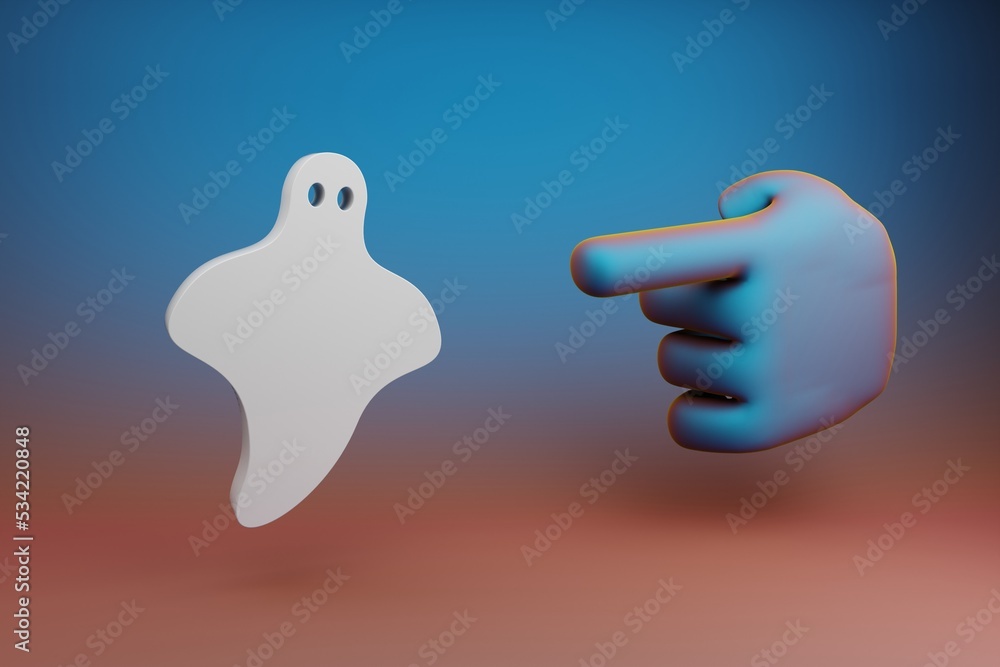 Aufkleber Beautiful illustrations abstract Hand index finger points to Halloween ghost symbol icon on a multicolor bright background. 3d rendering illustration. Background pattern for design. .