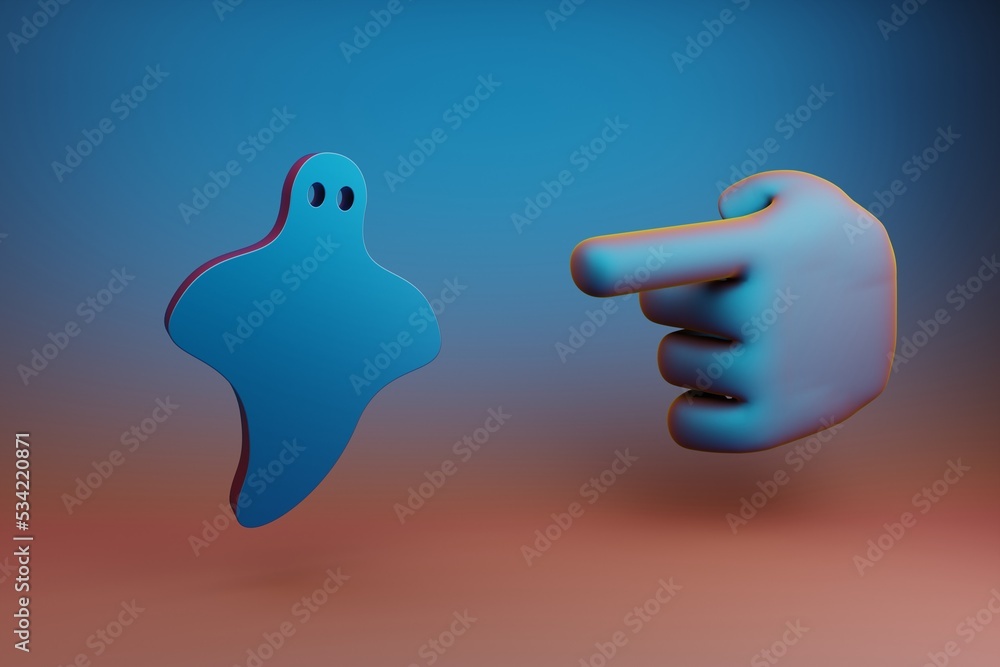Poster Beautiful illustrations abstract Hand index finger points to Halloween ghost symbol icon on a multicolor bright background. 3d rendering illustration. Background pattern for design. .