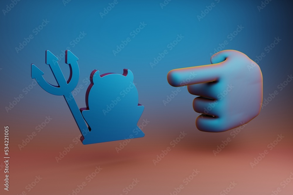 Poster Beautiful illustrations abstract Hand index finger points to Halloween Devil symbol icon on a multicolor bright background. 3d rendering illustration. Background pattern for design. .