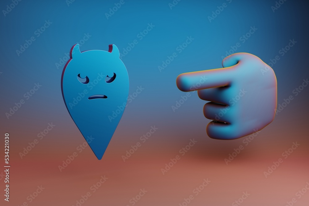 Aufkleber Beautiful illustrations abstract Hand index finger points to Halloween devil symbol icon on a multicolor bright background. 3d rendering illustration. Background pattern for design. .
