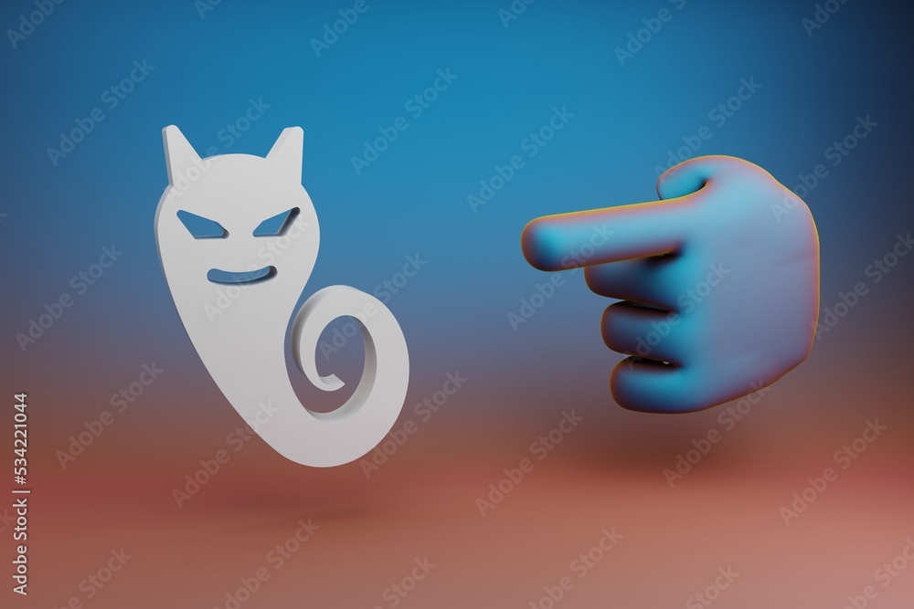 Poster Beautiful illustrations abstract Hand index finger points to Halloween ghost symbol icon on a multicolor bright background. 3d rendering illustration. Background pattern for design. .