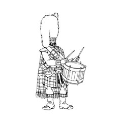 A Scottish drummer in a bearskin hat. Festive military band. Vector illustration with black contour lines isolated on a white background in a cartoon and hand drawn style.
