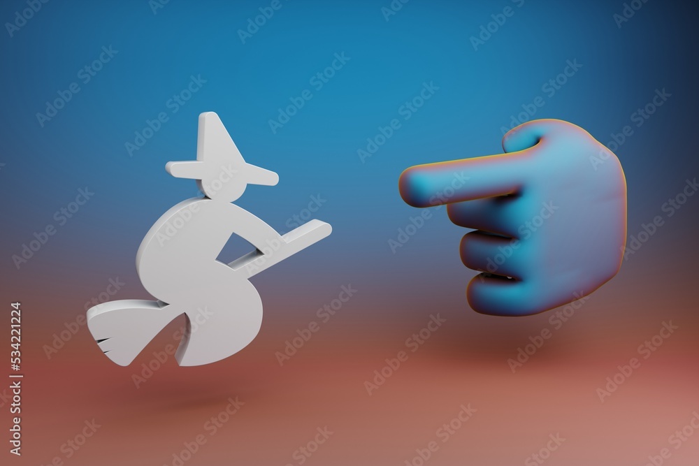 Poster Beautiful illustrations abstract Hand index finger points to white Which symbol icon on a multicolor bright background. 3d rendering illustration. Background pattern for design. .