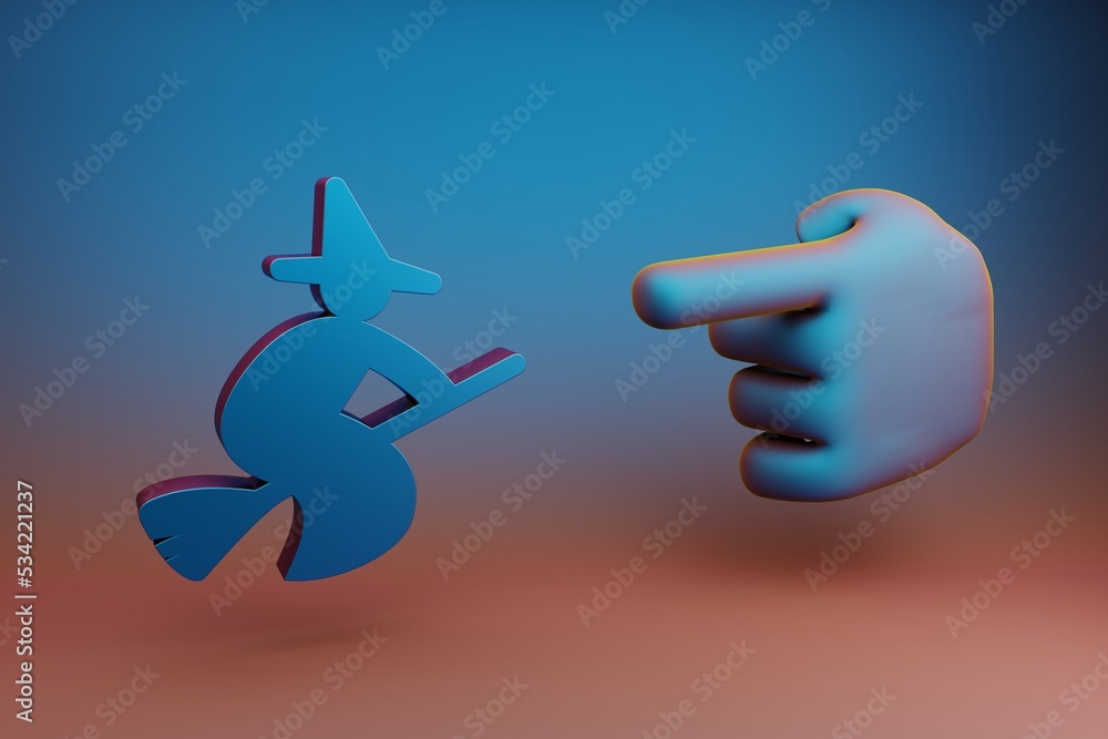 Poster Beautiful illustrations abstract Hand index finger points to Which symbol icon on a multicolor bright background. 3d rendering illustration. Background pattern for design. .