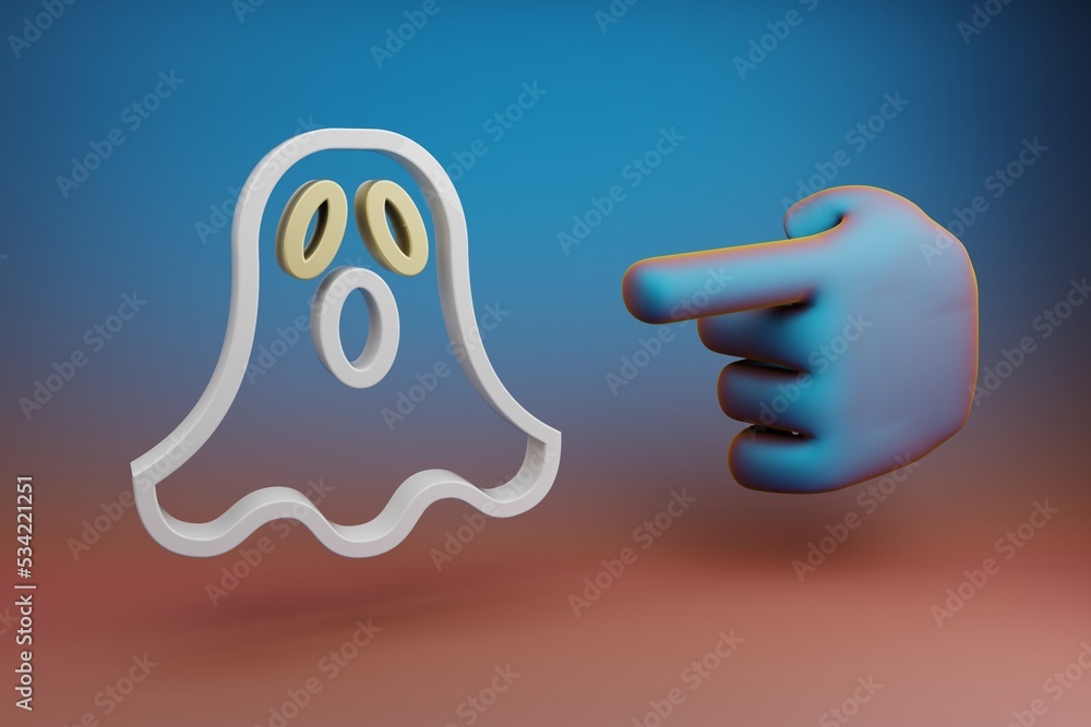 Poster Beautiful illustrations abstract Hand index finger points to ghost scared symbol icon on a multicolor bright background. 3d rendering illustration. Background pattern for design. .