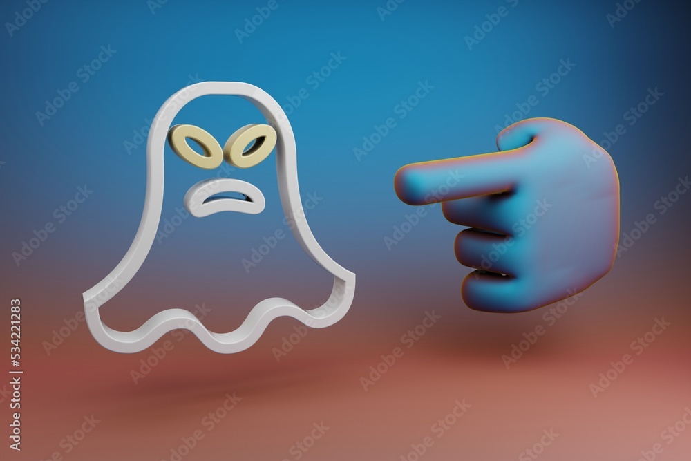 Poster Beautiful illustrations abstract Hand index finger points to ghost evil symbol icon on a multicolor bright background. 3d rendering illustration. Background pattern for design. .