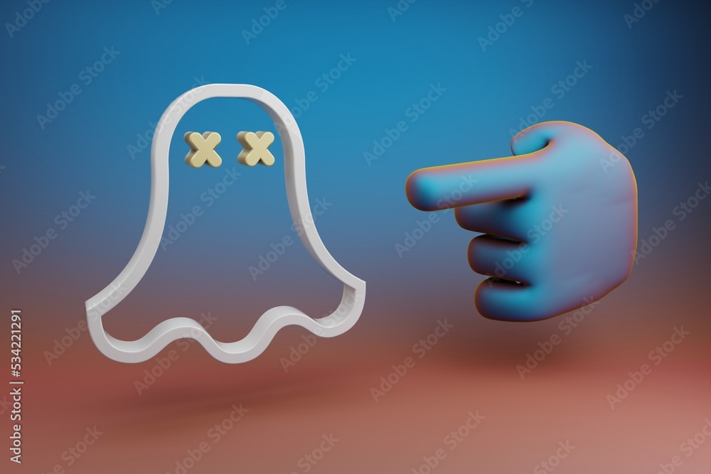 Fototapete Beautiful illustrations abstract Hand index finger points to ghost RIP symbol icon on a multicolor bright background. 3d rendering illustration. Background pattern for design. .