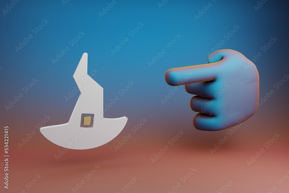 Poster Beautiful illustrations abstract Hand index finger points to Which hat symbol icon on a multicolor bright background. 3d rendering illustration. Background pattern for design. .