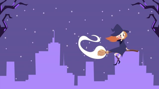 happy halloween animation with witch flying