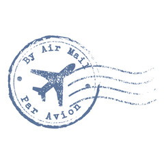 Beautiful grungy old rubber post stamp By Air Mail with a plane vector