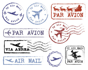 Beautiful grungy old rubber post stamp By Air Mail with a plane vector set - 534222445