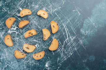 Chocolate butter cookies on blue background