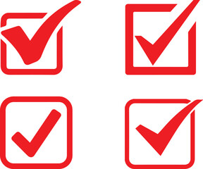 Red check mark icon in a box. Tick symbol in red color, vector set