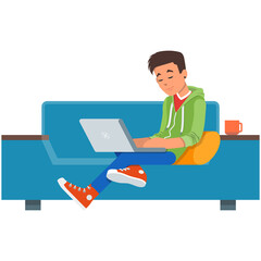 Young boy with laptop on sofa vector illustration