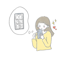 A woman reading an ebooks manga on her smartphone Hand-drawn illustration / スマートフォン スマホで電子コミック 漫画を読む女性の手描きイラスト
