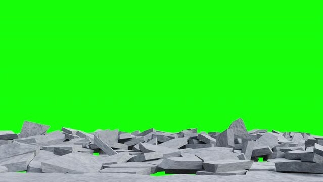 destruction of a concrete floor. impact on a concret floor. destruction visual effect on green background. close up of exploding ground