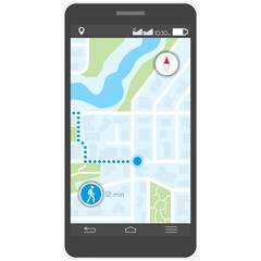Phone map and gps app, location pin, route and steps vector