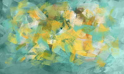 Painting on canvas, large green wallpaper, abstract paint strokes. Artwork, yellow accents artistic texture