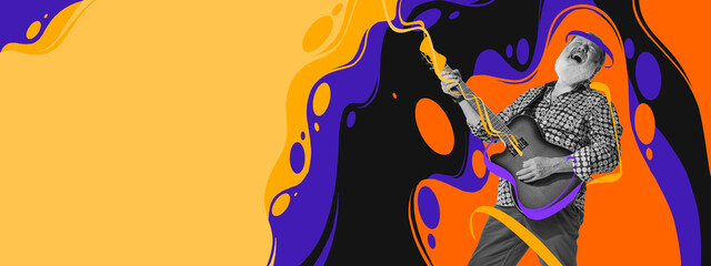 Contemporary art collage. Senior man, musician playing guitar like rockstar. Colorful splashes...