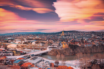 Tbilisi, Georgia. Amazing Dream Clouds Trails In Sky. Georgian Capital Skyline Cityscape. Fantasy...