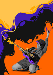 Contemporary art collage. Young emotive girl, rock musician playing guitar, standing on knees....